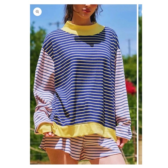 Unbranded Other - Striped Colorblock Waffle Knit Set Mock Neck Top and Shorts Medium